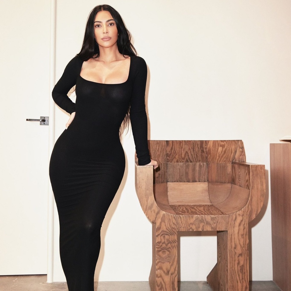 New Skims soft lounge dress in black, size XS